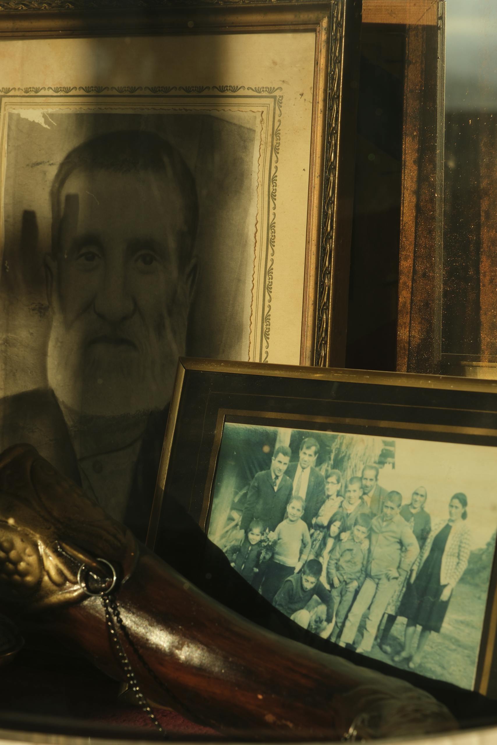 A collection of vintage family photographs with antique aesthetic, featuring historical portraits.